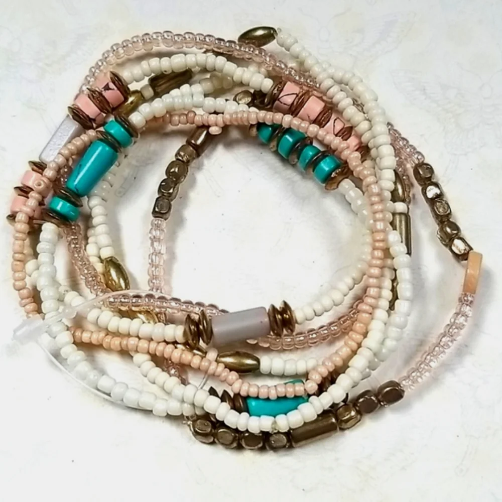 Vintage Boho Turquoise Coral Goldtone Beaded Stackable Stretch Bracelet Set - Picture 3 of 16